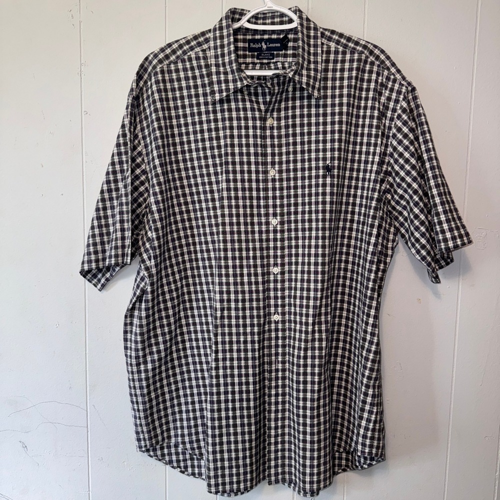 Ralph Lauren Blake Mens XL Plaid Button Down‎ Shirt Green Cotton Short Sleeve